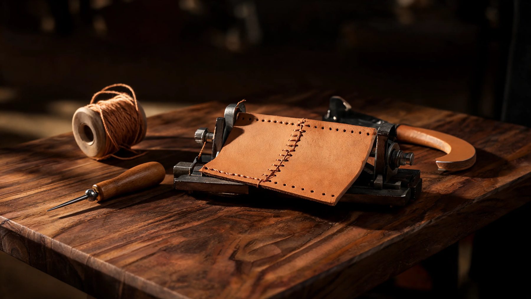 Workshop bench with a half-stitched panel in a clamp, waxed thread and a round knife